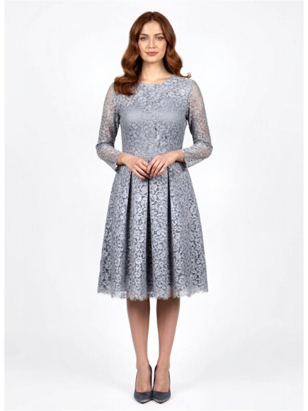Erdem Fit and Flare Long Sleeve Lace Dress, Light Blue, Size US 10, UK 14